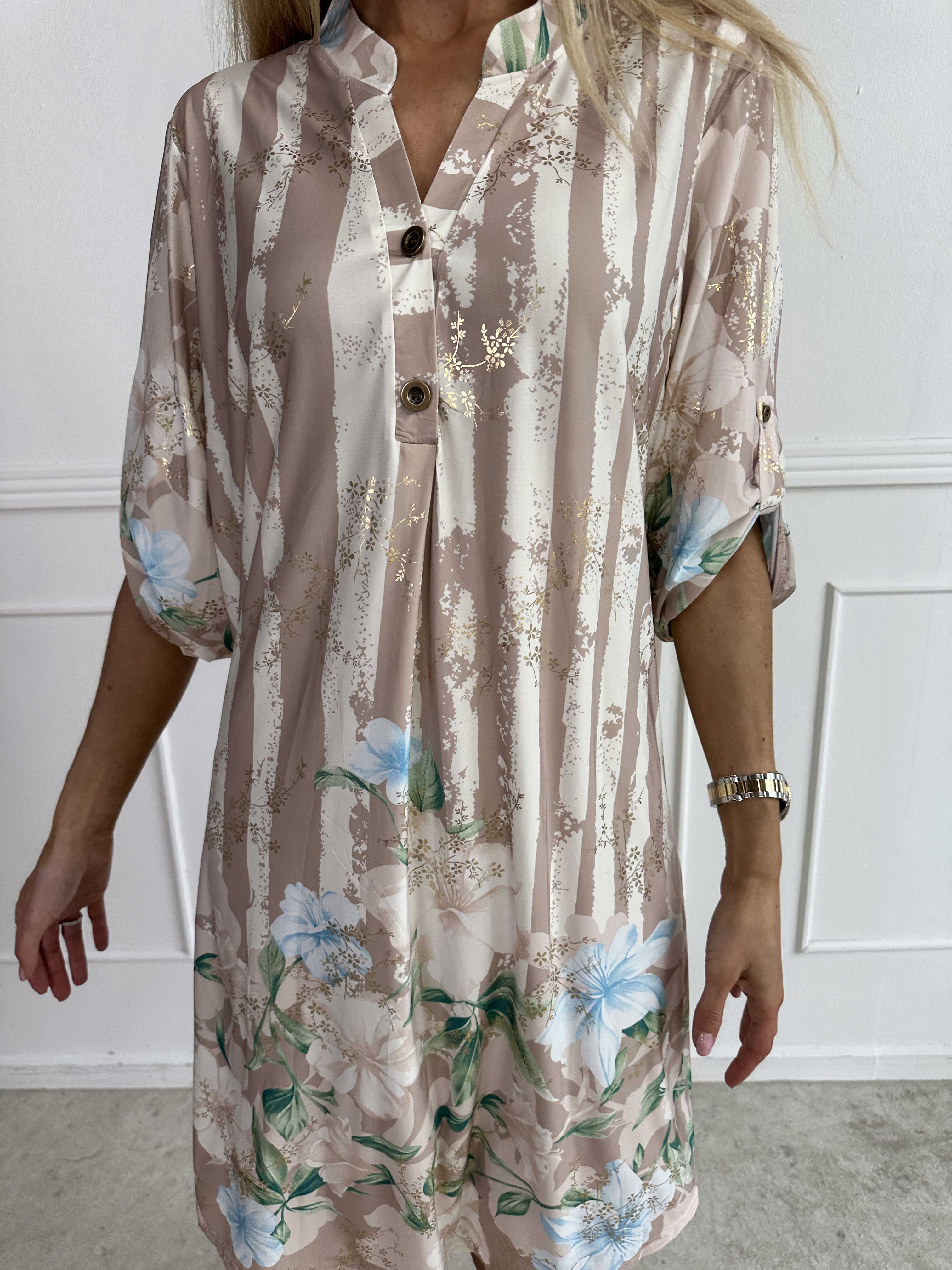 Ebba Floral Stripe Long - Elastisk blomstret kjole med guld detaljer